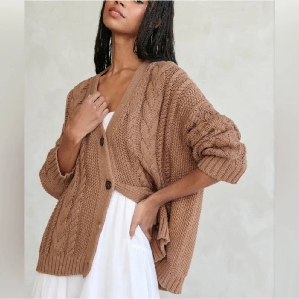 NWOT Jenni Kayne Cable Cardigan Sweater Oversized Dark Carmel Tan Brown XXS-S - Picture 9 of 9
